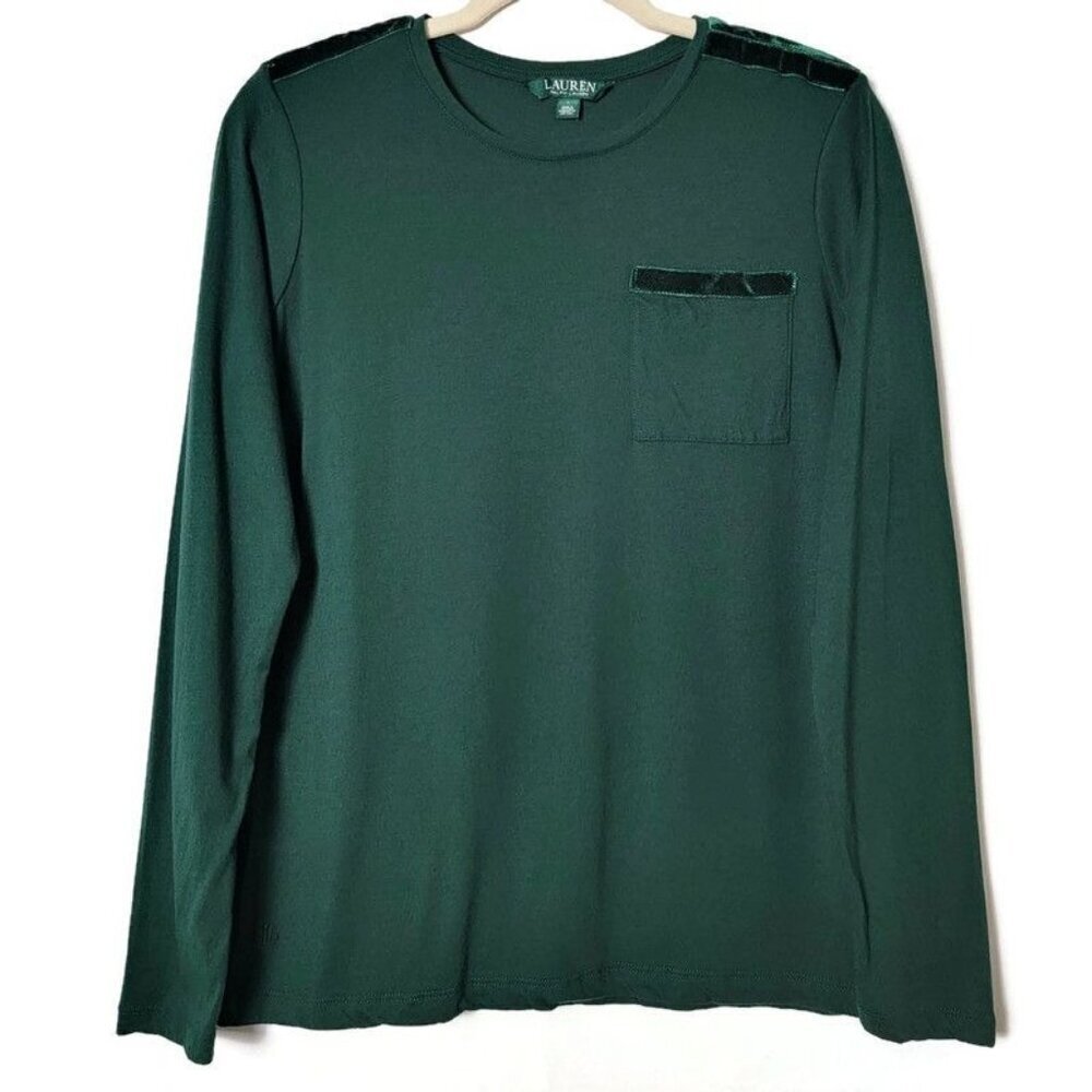 Lauren Ralph Lauren Womens Green Velvet Accents Long Sleeve Top Large